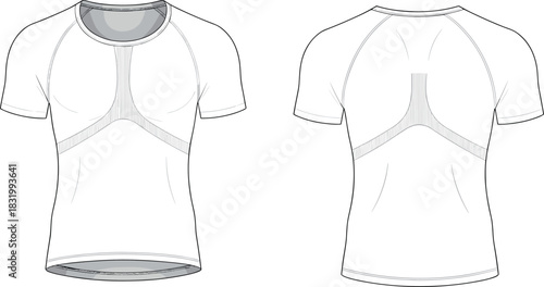 Athletic shirt technical sketch, front and back view, short sleeve design, Y-panel construction, mesh zones, performance wear, contour seam illustration