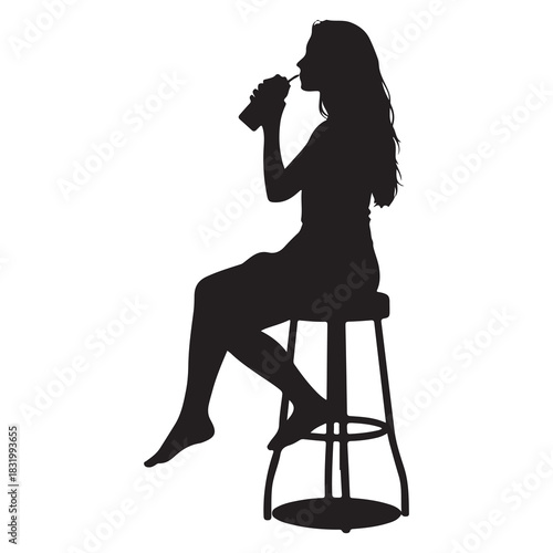 Silhouette of a young woman sitting on a tall bar stool enjoying a refreshing drink from a bottle against a white background