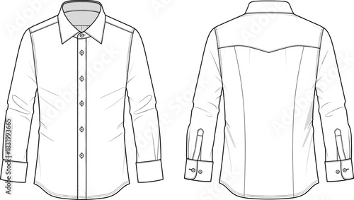 Button-up shirt technical sketch, front and back view, long sleeve design, classic collar, cuff detail, fashion flat, garment construction illustration