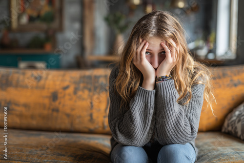 Girl expressing distress while sitting on a couch in a cozy room