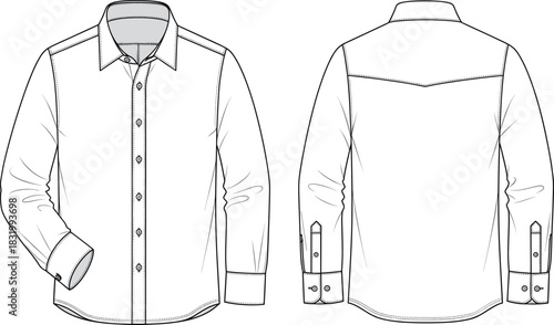 Button-up shirt technical sketch, front and back view, long sleeve design, pointed collar, cuff detail, fashion flat, garment construction illustration