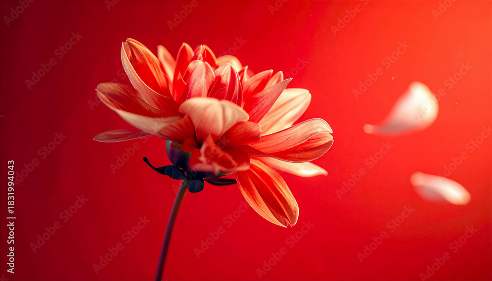 Obraz premium A shot of a beautiful flower blurred in free motion, soft focus, on a red gradient background, motion blur