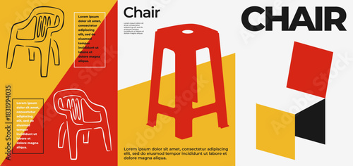 Bold Modern Chair Illustration Set Featuring Minimal Line Art, Geometric Shapes, and Contemporary.
