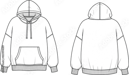 Hooded sweatshirt technical sketch, front and back view, kangaroo pocket, drawstring hood, ribbed cuffs and hem, fashion flat, garment construction illustration
