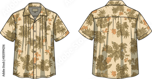 Tropical floral shirt technical sketch, front and back view, short sleeve, button-up design, fashion flat, garment construction, summer apparel illustration
