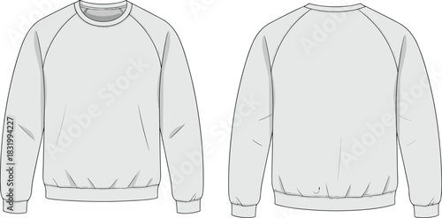 Sweatshirt technical sketch, front and back view, raglan sleeve design, crew neckline, ribbed cuffs and hem, fashion flat, garment construction illustration