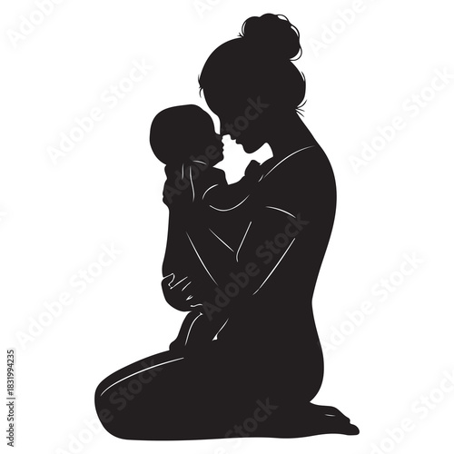 Silhouette of a mother tenderly holding her baby close while kneeling on a white background symbolizing love and connection
