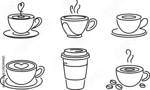 Collection of Coffee Cup Outline Illustrations on Transparent Background