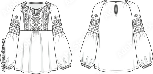 Women’s blouse technical sketch, front and back view, floral embroidery detail, puff sleeve, keyhole neckline, fashion flat, garment construction illustration