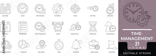 time management  line icon set featuring clocks, schedule, hours, efficiency, timeline, deadline, calendar, reminder, productivity, tools, planning, symbols, and workflow elements.