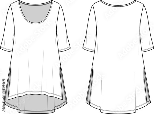 Women’s top technical sketch, front and back view, scoop neckline, high-low hemline, pleated shoulder, side slit, fashion flat, garment construction illustration
