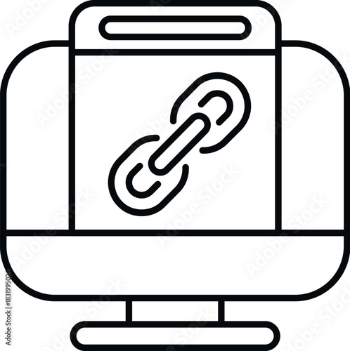 Computer monitor showing a hyperlink chain icon representing connection or web resources