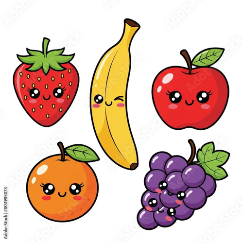 Adorable kawaii fruit characters bring a playful touch to healthy eating, perfect for kids' designs and cheerful projects, a delightful burst of fruity fun