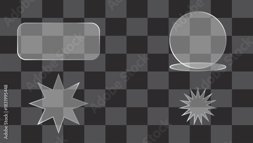 Glass morphism effect shapes on a checkered background for graphic design