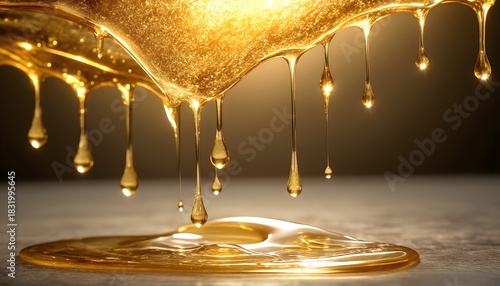flowing golden honey drops creating a smooth cascading liquid texture for use in food advertising and natural product branding