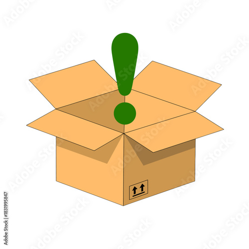 Open cardboard box with green exclamation point on black background