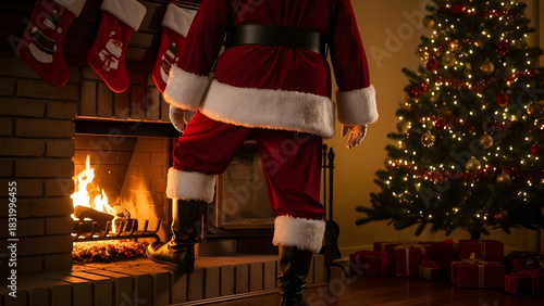 Santa emerging from a fireplace, boots dusty with soot, cozy holiday interior.