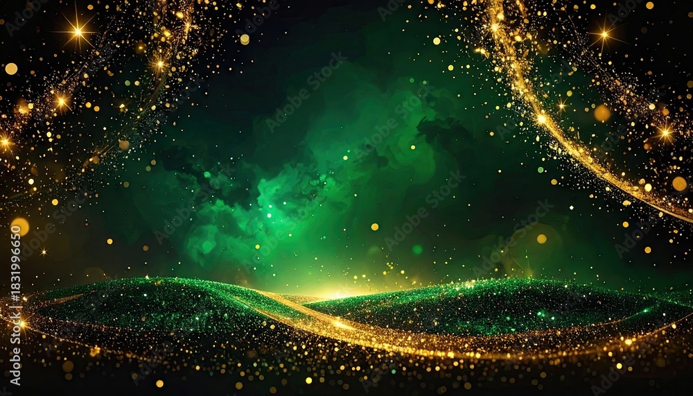 Naklejka premium Abstract Golden Sparkles and Green Nebula Cosmic Background Display.