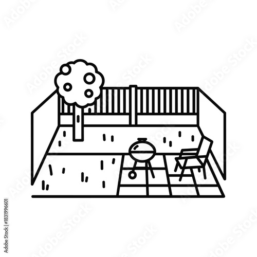 Backyard Garden with BBQ Grill, Chair, and Tree Line Art Icon