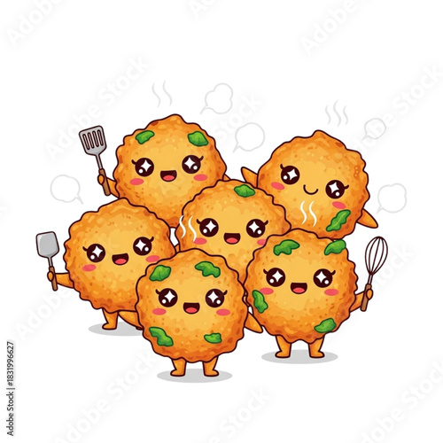 Adorable fried food cartoon characters cooking together, inviting culinary fun, cute kitchen concept, perfect for kids' menus and cheerful food blogs