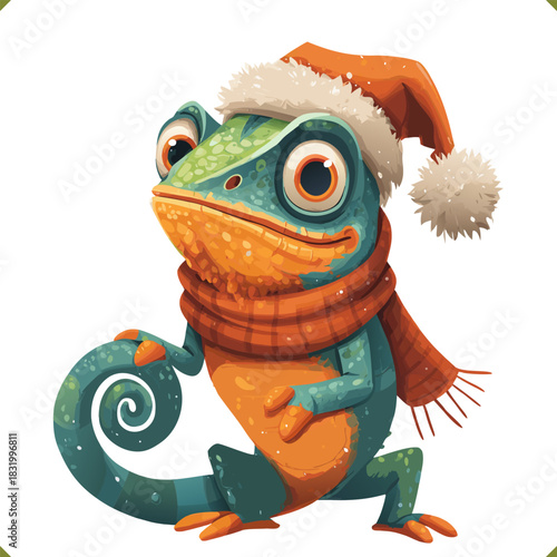Vector illustration of a cheerful chameleon wearing a winter hat and scarf, shown in a dynamic pose, isolated on a white background