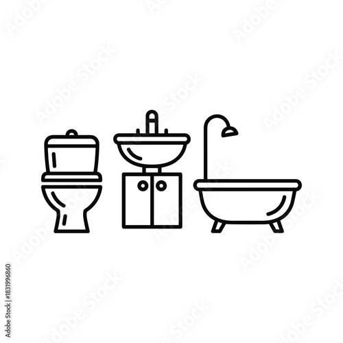 Bathroom Fixtures Line Art Icons: Toilet, Sink with Vanity, and Bathtub Set