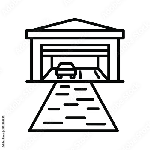 Garage with car and driveway outline icon