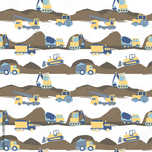 Construction seamless pattern with heavy trucks and machines