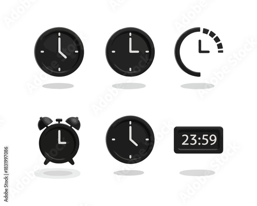 Clock icons representing time concepts and digital display