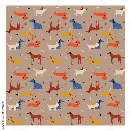 Dog seamless pattern with colorful funny puppies