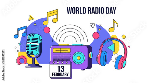Vibrant illustration celebrating world radio day with retro radio and microphone