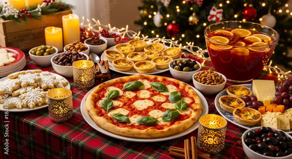 Fototapeta premium Festive holiday party food spread featuring pizza, appetizers, punch, and Christmas decorations