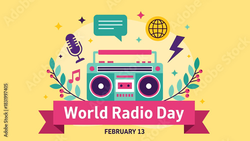Colorful world radio day illustration with boombox and decorative elements