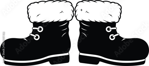 Two black winter boots with white fur trim and laces isolated on a white background in a cartoon style