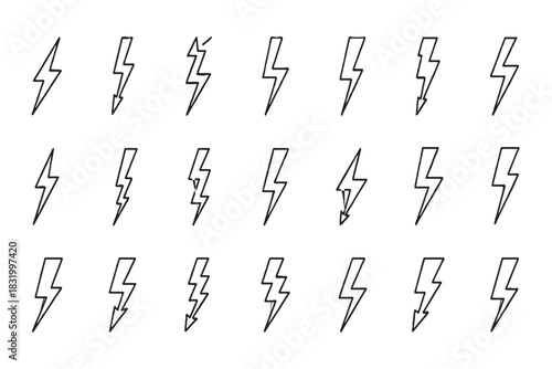 Minimal Outline Lightning Bolt Icon Set: Energy and Warning Symbols