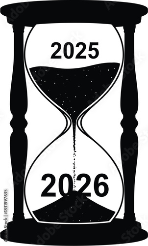A black and white image of an hourglass with the year two thousand twenty five above two thousand twenty six