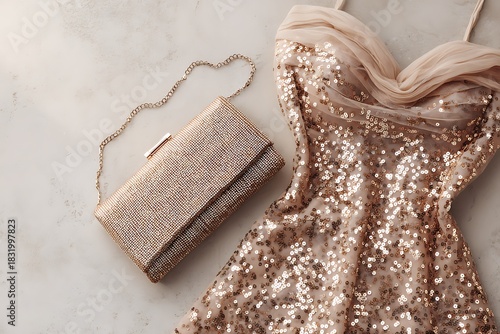 Elegant rose gold sequined dress and matching clutch bag for a glamorous evening or special occasion.