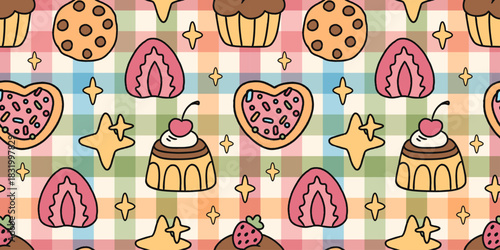 Kawaii seamless dessert pattern with cupcakes, cookies, jelly hearts, strawberry pudding and stars on pastel checkered background. Sweet girly repeat for kids packaging, stationery and fabric.