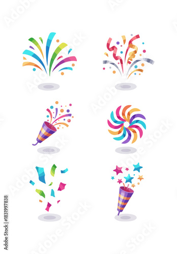 Colorful confetti burst illustrations against black background