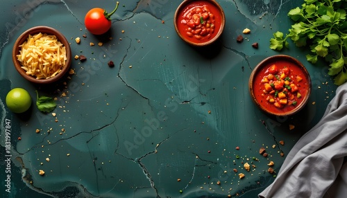 Lush Chili Con Carne placed in the lower left corner on a dark green background, in a modern food photography style, with subtle glow vibrancy, spacious layout, high resolution