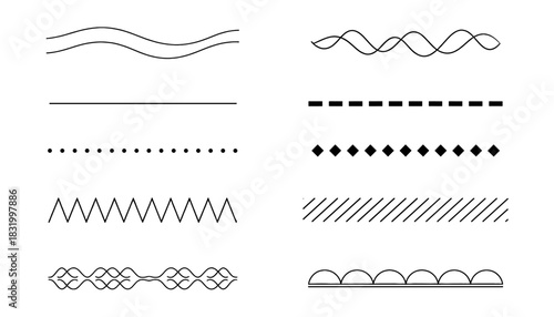 Set of Decorative Line Dividers and Border Separators: Ornamental Design Elements Collection Featuring Wavy, Straight, Dotted, Dashed, Zigzag, and Patterned Horizontal Rules