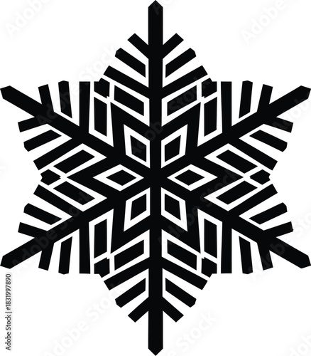 A detailed black and white illustration of a geometric snowflake on a plain white background design art