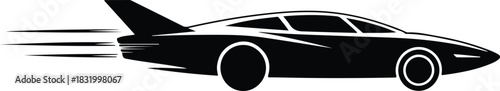 Stylized black car with speed lines on white futuristic