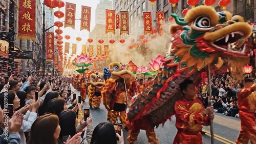 Celebration parade with dragon dance and lanterns in city street