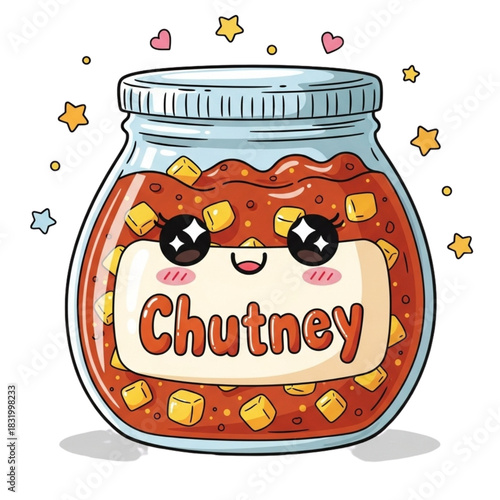 Delightful Chutney Jar Character with Sparkling Eyes and Playful Stars, a Whimsical Food Illustration Perfect for Creative Projects and Foodie Fun