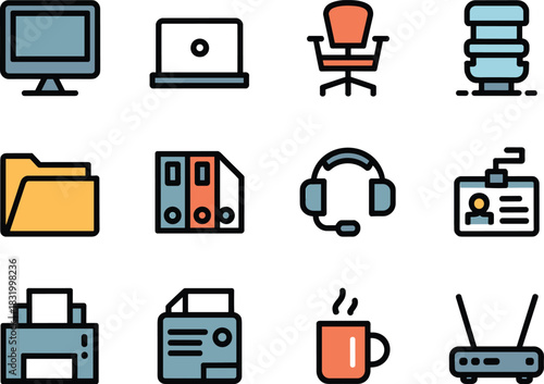 Office and Business Outline Color Icons Set Modern Stroke Style.