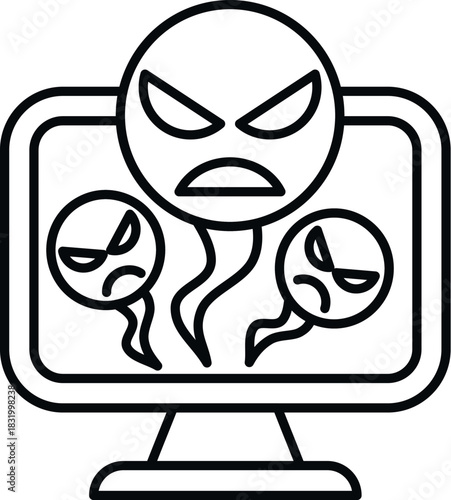 Angry emoticons symbolizing cyberbullying and online harassment displaying on a computer monitor