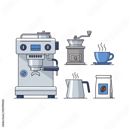 Stylized coffee preparation illustration featuring espresso machine, grinder and accessories