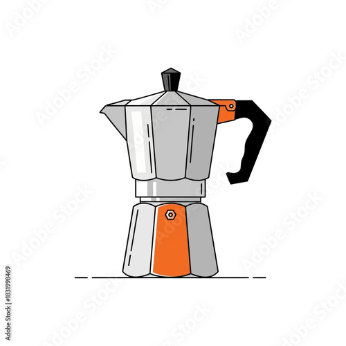 Stylized moka pot illustration with geometric precision and muted color palette