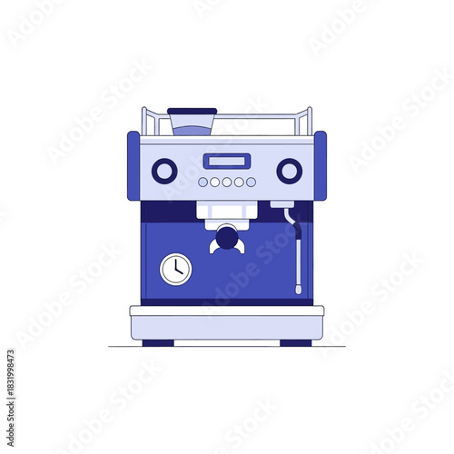 Stylized illustration of a blue and gray coffee machine on a white background